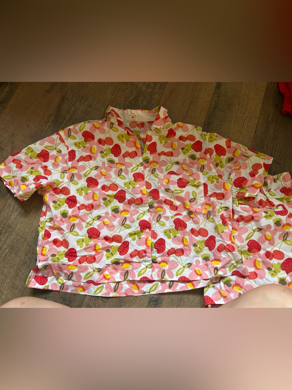 aerie Cherry Print Button-Up Top in Pink & Red